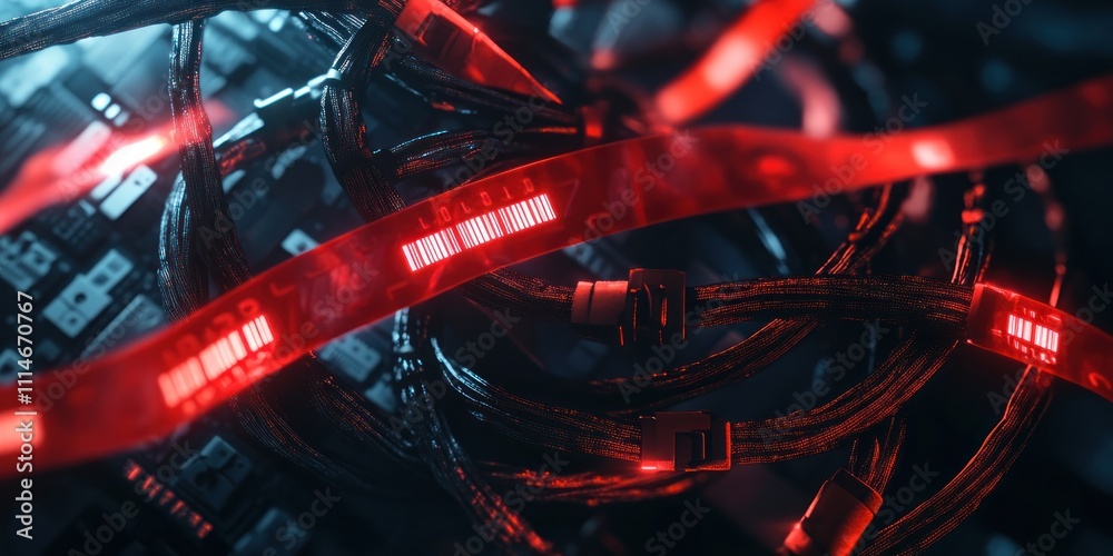 Poster Red illuminated cables display data code in a digital network