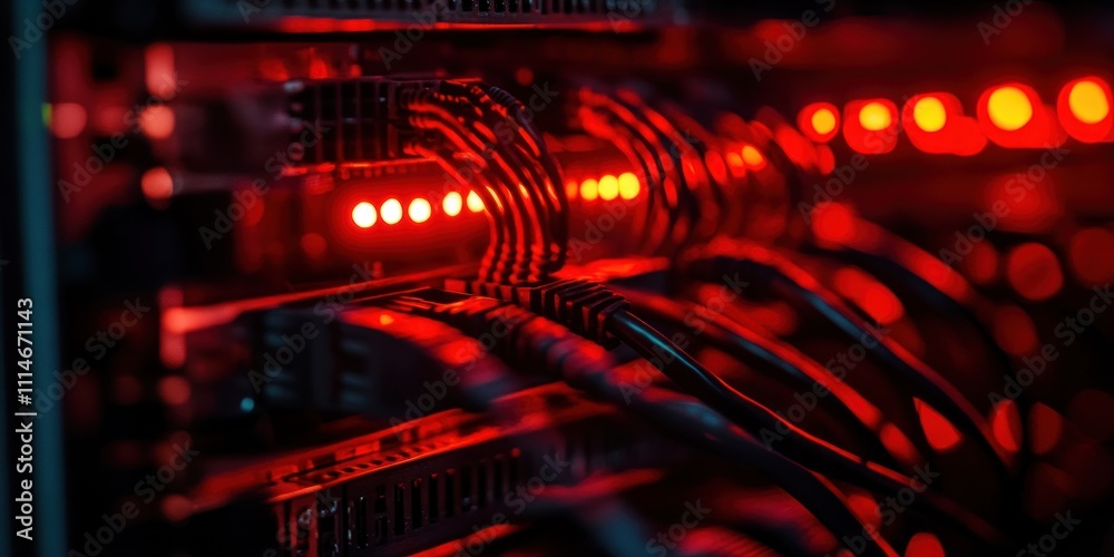 Poster red lit server rack cables data center technology
