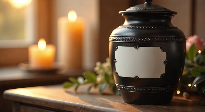 Black funeral urn with a white plaque and candles in a somber setting. Concept for personalized memorial and remembrance