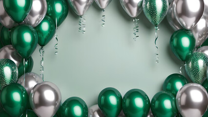 Green and silver balloons with ribbons on green background.