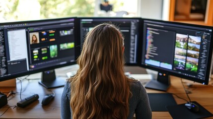 Woman Working on Triple Monitor Setup