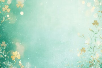 Bright mint green background with a subtle gold clover pattern and soft bokeh highlights for festive invitations.