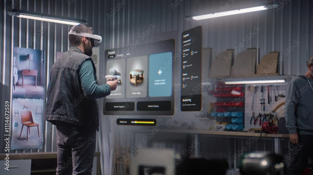 Poster modern workshop: designer or artisan wearing augmented reality headset assembles coffee table in vir
