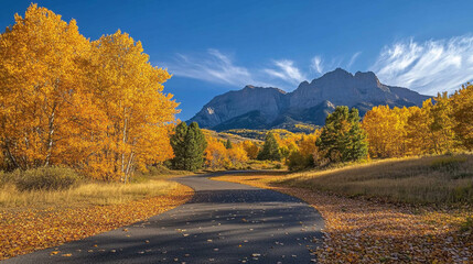 Fototapeta premium Scenic Autumn Road Mountain View Fall Foliage Golden Aspens