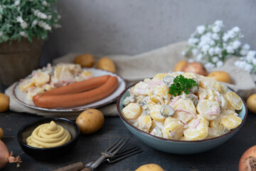 angerichteter Kartoffelsalat mit Wiener Würstchen auf Tisch aus Holz mit Tuch und Blumen