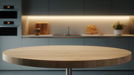 Empty light wood table in a modern kitchen.  Perfect for showcasing your product!