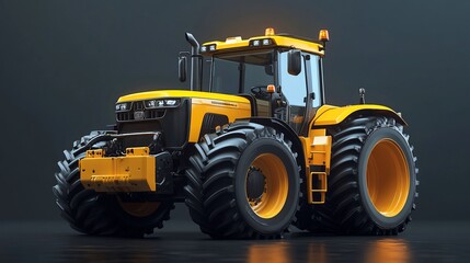Obraz premium Modern yellow tractor, front view, on dark studio background.