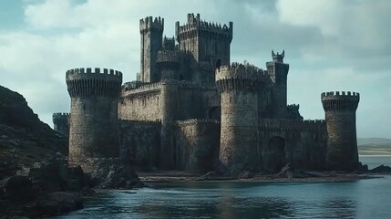 Majestic coastal castle, stone fortress on rocky shore, dramatic sky.