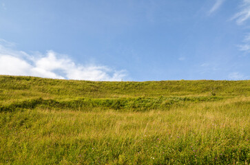 Peaceful view of a green grassy hill under a vast clear blue sky, evoking calmness and freedom. Ideal for nature, tranquility, and relaxation themes