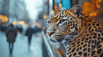 Leopard looking at the viewer, downtown street, naturalistic style, confident and bustling mood, camera view capturing a recruitment billboard, people passing by, urban environment