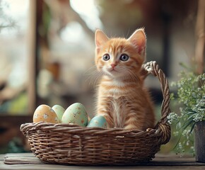 cute red kitten with basket