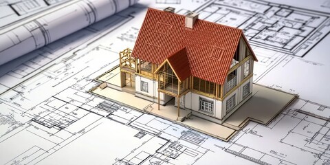 Architectural Model House Rests On Detailed Blueprints