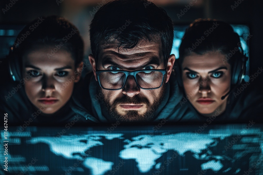 Poster Three Hackers Intensely Monitoring Global Network Security