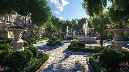 Fototapeta premium Grandeur palace surrounded by fountains, stone pathways through green gardens, and flowering bushes.