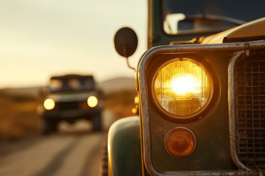 The image captures a rugged vintage off-road vehicle's headlight glowing against a scenic backdrop, with another vehicle approaching on a dirt path bathed in warm sunset hues.