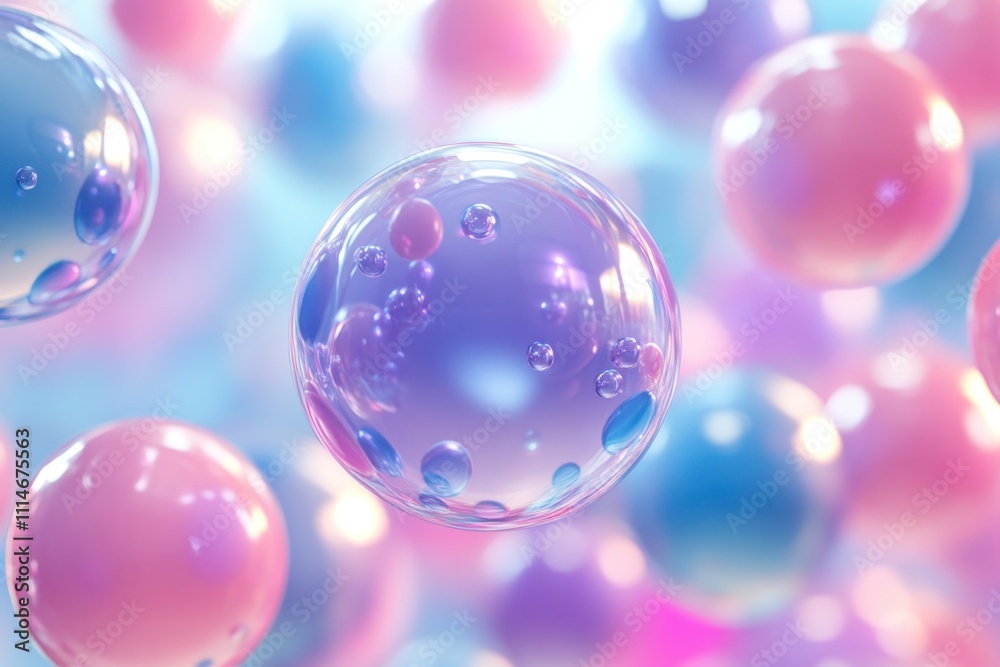 Poster pastel bubbles float in a dreamlike scene