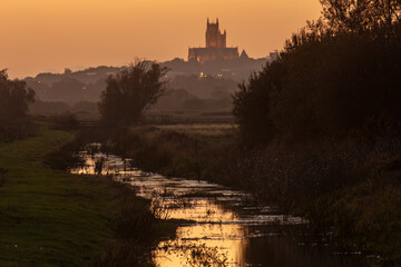 Lincoln cathedral at sunset  from the river Witham