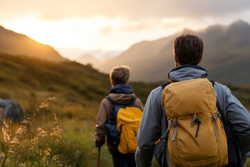Fototapeta premium Two hikers with their backpacks traverse through a scenic mountain route, taking in the breathtaking view and enjoying the outdoor adventure and exploration journey.