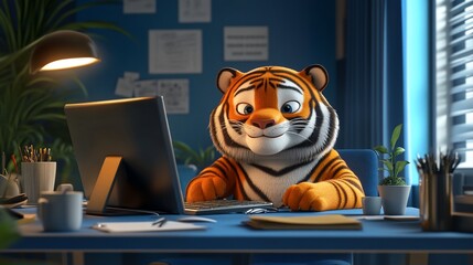 Cartoon tiger working on a computer in a cozy home office.