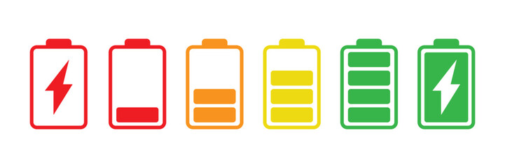 Battery colorful icons. Battery charge level indicators. Charging energy icons. hone Battery life icon.