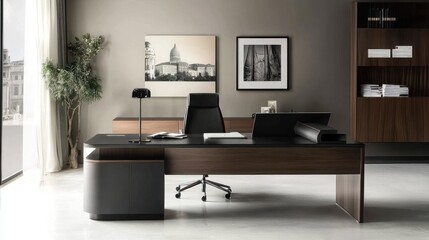 Modern Executive Office Interior Design: Luxury Desk, Walnut Wood, Minimalist Style