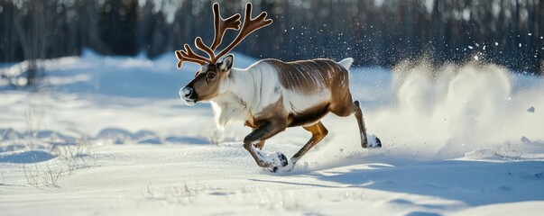 Reindeer trotting through a snowy landscape, capturing the essence winter wildlife