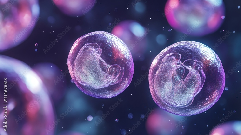Aufkleber two illuminated cells float in a purple space