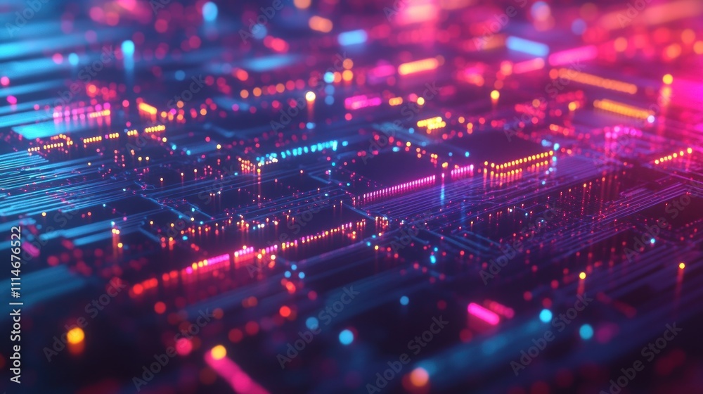 Poster abstract digital circuitry glowing with neon lights