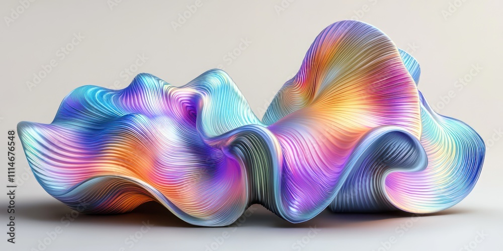 Poster abstract iridescent sculpture with flowing lines and vibrant colors