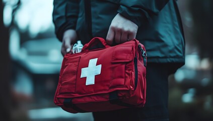 Obraz premium A person holding an emergency first aid kit, demonstrating preparedness and response in healthcare situations.