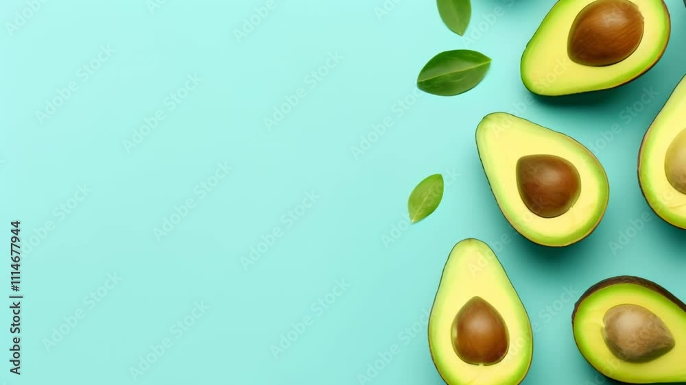 Aufkleber Ripe avocado halves with pits, creating a vibrant and healthy pattern on a teal backdrop, offering ample copy space for text or design elements