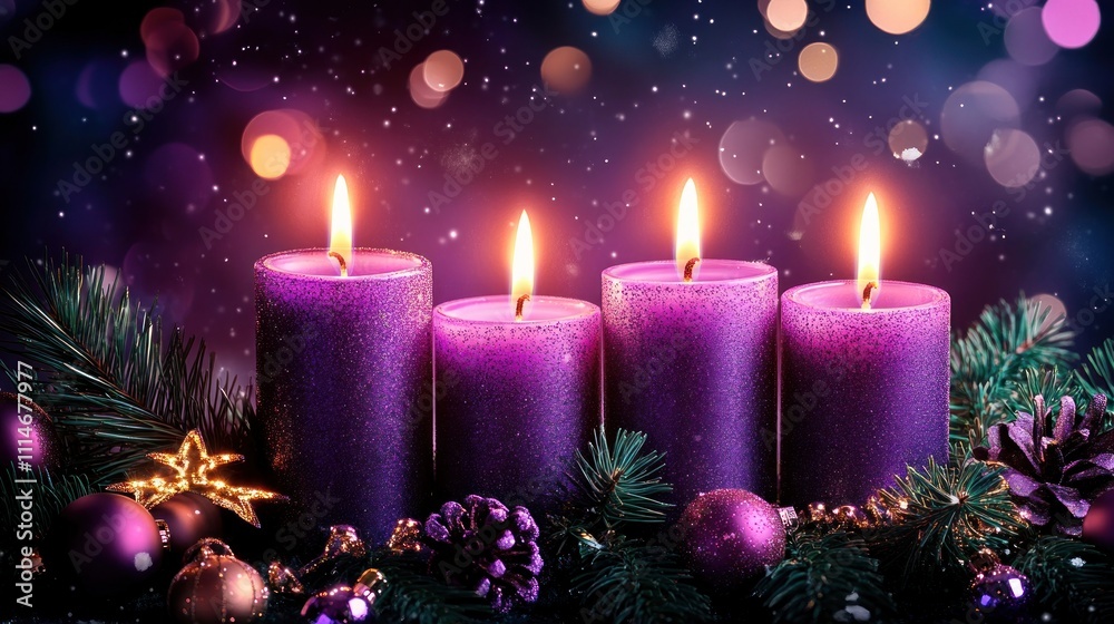 Wall mural Four Purple Advent Candles With Festive Decorations