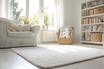 Fototapeta premium Soft, neutral-toned rug in a bright, airy playroom. Plush armchair and wicker rocker add coziness, while shelves are stocked with toys and books.