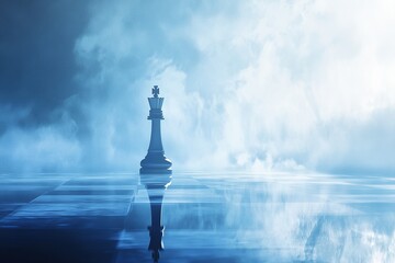 Lone Chess King on Reflective Board with Icy Blue and Silver Misty Backdrop