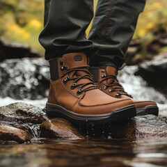 waterproof leather shoes. closeup of rain drops on water resistant footwear. weatherproof clothing