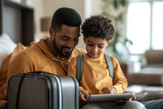 A father and son are sitting together, smiling and bonding as they engage with a digital tablet. The image conveys warmth and connection between them.