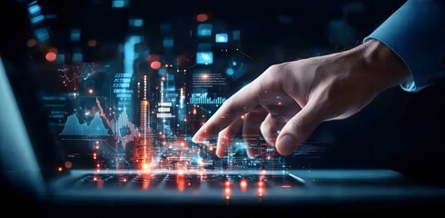 A person's hand hovers over a laptop, interacting with a vibrant digital cityscape projected onto the screen.  Data streams and graphs flow, creating a dynamic visual effect.