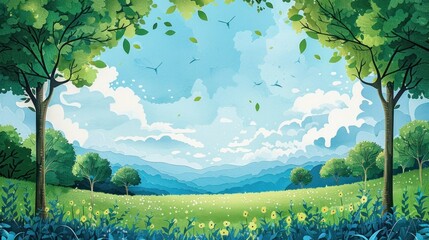 Fototapeta premium A lush vibrant green meadow stretches out under a bright blue sky surrounded by towering trees with verdant foliage In the distance a serene lake reflects the majestic mountains