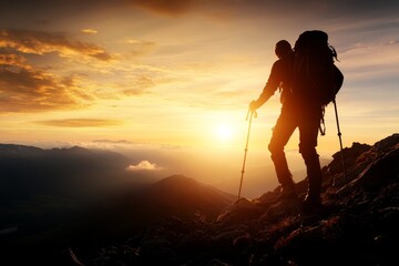 A silhouette of a hiker with poles stands on a mountain at sunrise, embracing the vast horizon and representing resilience, perseverance, and the beauty of exploration.