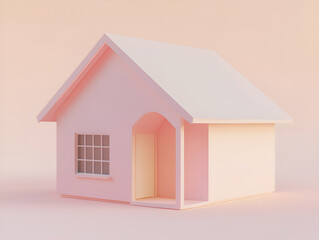 Obraz premium Minimalistic Pink House Illustration with Soft Lighting Against a Gradient Background for Modern Design and Real Estate Concepts