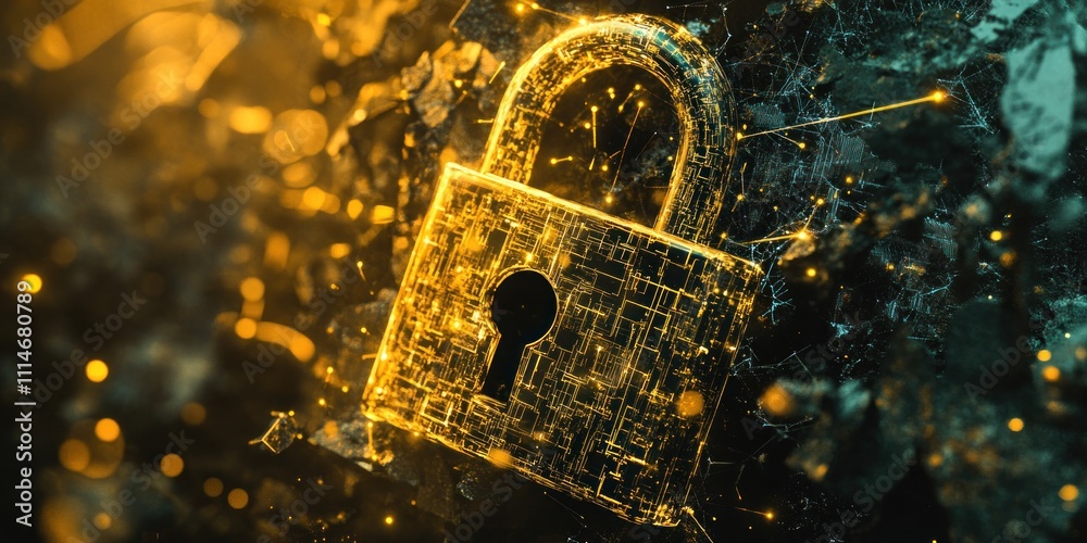 Poster glowing digital padlock representing data security
