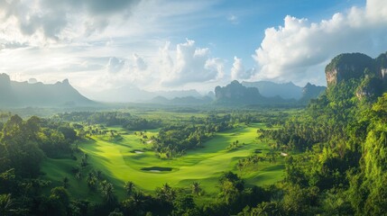 Obraz premium A panoramic view of a lush green golf course surrounded by mountains and clouds.