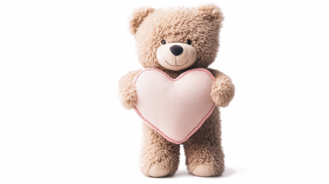 A teddy bear holding a heart in its mouth