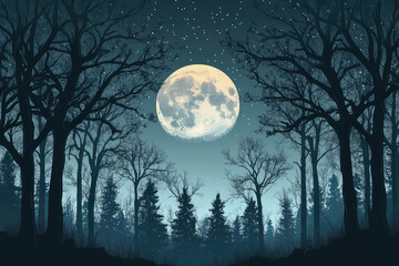 Full moon Night with river and tree vector illustrations 
