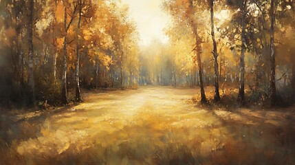 Obraz premium Golden Autumn Sunlight Through Forest Trees