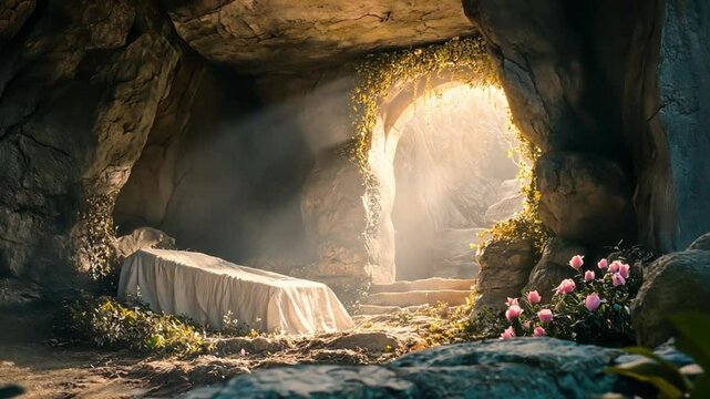 An empty tomb with a white cloth inside, bathed in a soft light from the entrance, suggesting resurrection.