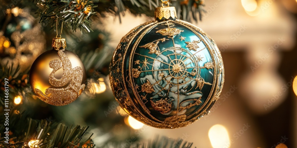 Poster Ornate teal and gold Christmas ornaments adorn a tree