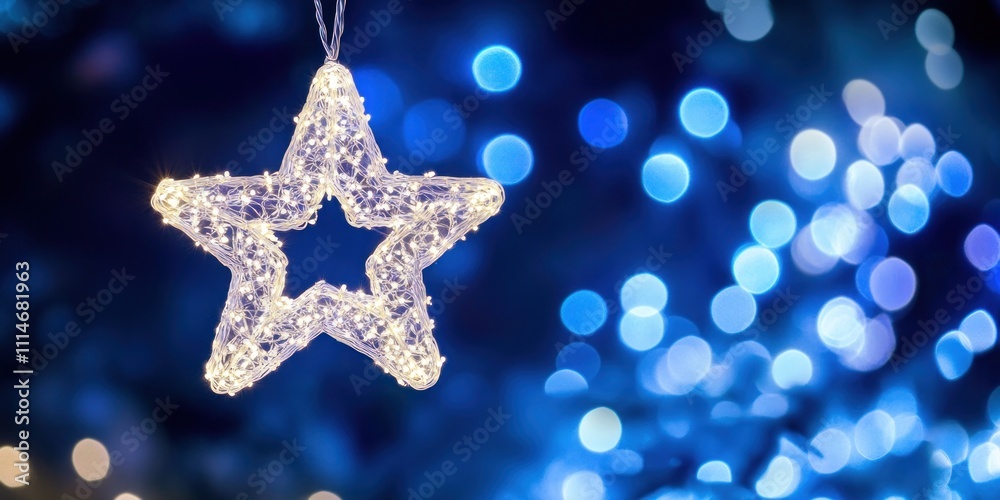 Poster illuminated star shaped light display against blue bokeh background