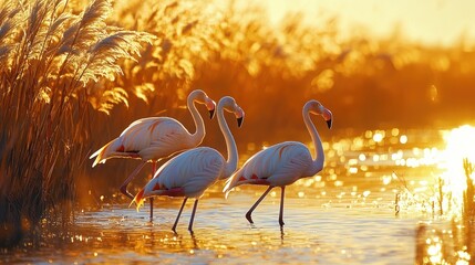 Golden Hour Flamingos: A Serene Sunset Scene