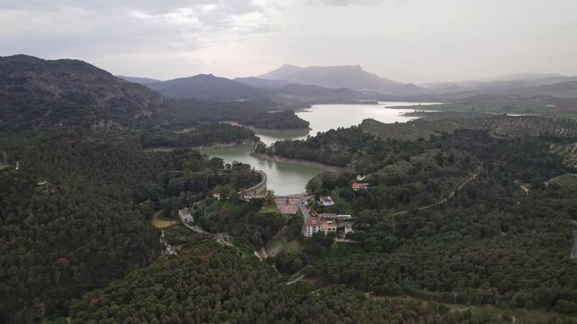  Andalusia Spain Stunning Scenic Aerial View of a Beautiful Serene Lake Surrounded by Majestic Mountain Landscape
